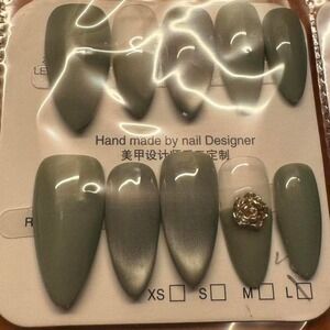 Press On Nails Sage Green Almond Rose Accent False Nails